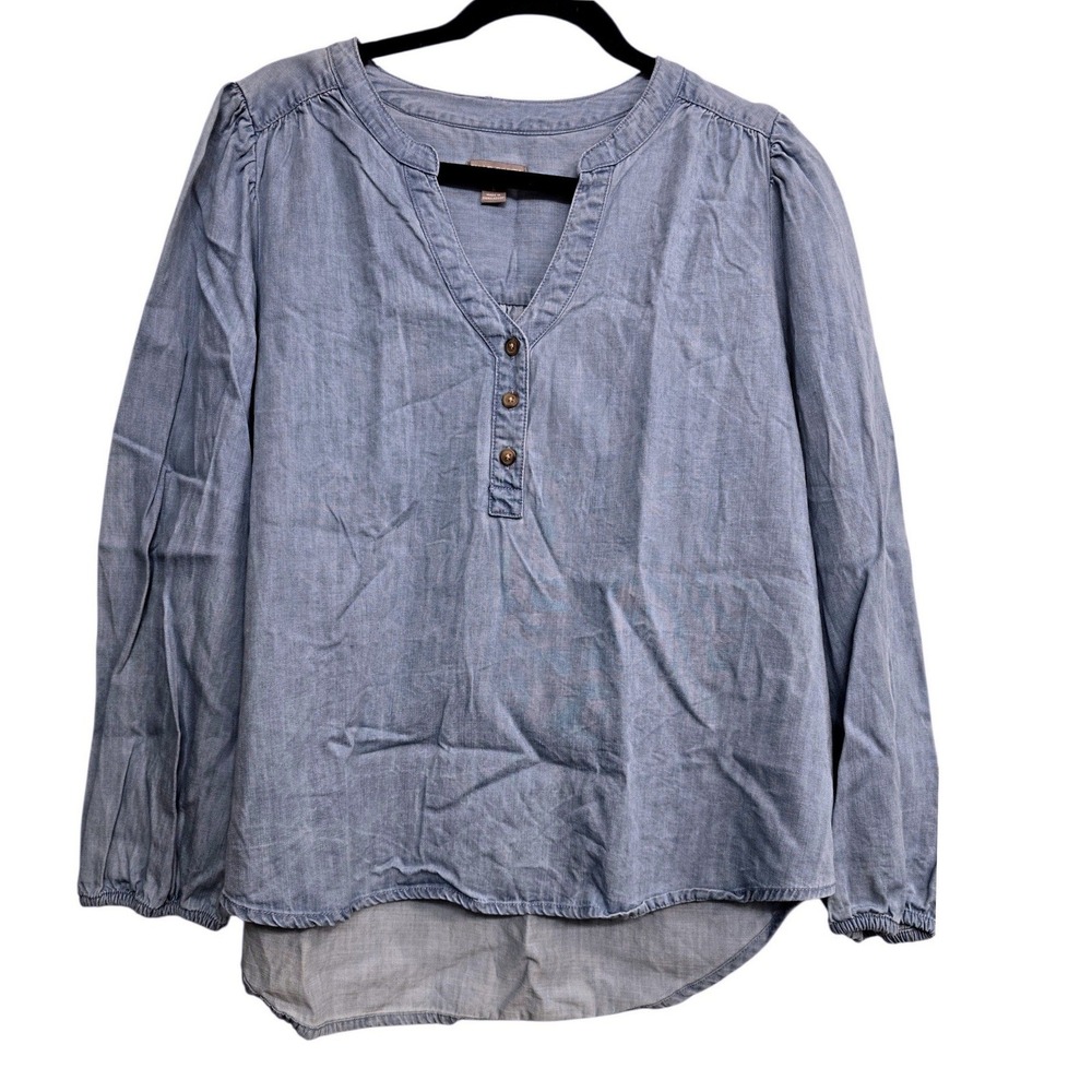 Falls Creek Chambray Blouse Womens Large Blue Boho Minimalist Capsule Wardrobe